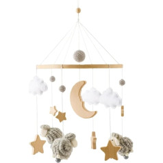 Dzīvnieki Mobile Baby Wind Chimes, Zvaigzne Mēness Lamb Mobile Baby Koka ar filca bumbiņām, Mobile Baby Girl Gulta Bell Pendant Baby Cot Zēni un meitenes (Grey)