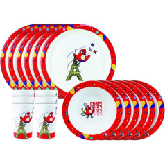 FUN HOUSE Olympique Games Paris 2024 JO trauku komplekts 6 šķīvji 22 cm, 6 bļodas 16 cm un 6 glāzes 220 ml - atkārtoti lietojami trauki, balti/arkani