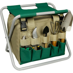 GeerDuo Klappbarer Gartenhocker mit abnehmbarer Aufbewahrungstasche, multifunktionales Gartenwerkzeug-Set, Organizer für Angeln und Camping, tragbarer Gartenstuhl, Sitz für Erwachsene (Grün + Khaki)