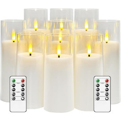 JINYANIA LED sveces, akrila mirgojošas nedegošas sveces, ar akumulatoru darbināmas sveces ar tālvadības pulti un taimeri, stabuļu sveces, 9 sveces (D2,3 x H 5 collas, 6 collas, 7 collas) mājai un ballītei