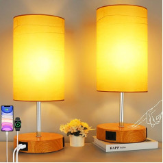 Allesgute Nakts lampu komplekts ar 2 LED galda lampām ar USB A+ C tipa savienojumiem, galda lampa E27 ar koka faktūru guļamistabai, 6 W 600 lm LED spuldze, komplektā ietilpst 6 W 600 lm LED spuldze