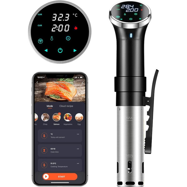 Sous Vide Cooker, Wifi Sous Vide Stick 1100 W precīzas gatavošanas katls ar iegremdēšanas cirkulatoru un temperatūras iestatījumu 25-95 °C + taimeris, IPX7 ūdensizturīgs, ideāli piemērots ģimenes vakariņu pagatavošanai, Ziemassvētki