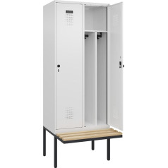 kaiserkraft | Spind Evolo Plus mit Trennwand mittig und Sitzbank | 2 Abteile | Trennwand mittig | weiß | B 800 mm | Sicherheits-Drehriegel | mit auskragender Sitzbank | Buche