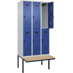 kaiserkraft | Doppelstock-Spind Evolo Plus Sitzbank | 3 Abteile | lichtgrau/enzianblau | B 900 mm | Sicherheits-Drehriegel | mit auskragender Sitzbank | Buche