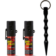 Komplekts: 2 piparu aerosola komplekts + Kubotan ar ergonomisku rokturi - atbaidīšanas aerosols Protect Anti-Dog Wide Jet 15 ml Extra Strong ar sānu klipu