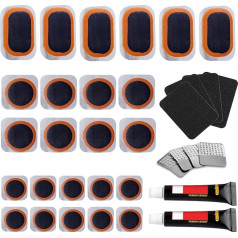 KOAREL remonta komplekts velosipēdu iekšējām riepām, ar 11 vulkanizācijas lāpām, 6 ielīmētām lāpām, metāla rievslauķi un sviru, arī BMX un piepūšamajām gumijām.