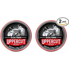 Uppercut Deluxe, Deluxe Pomade, Spīduma un stipras fiksācijas pomāde vīriešiem, Stipras fiksācijas un spīduma pomāde vīriešiem, ūdens bāzes pomāde klasiskam izskatam, 2 x 100 g