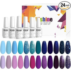 Vishine UV nagu lakas šellakas komplekts, 24 gabaliņu nagu lakas komplekts Šellakas nagu lakas komplekts Violeti zila krāsa UV gēla nagu laka ar LED lampas gēlu, violeti zila gliteru krāsa, 8 ml