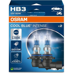 Osram Cool Blue® Intense HB3, +100% lielāks spilgtums, līdz 5000 K, halogēna lukturis, LED izskats, piekarināms salokāms (2 lampas)