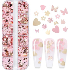 KACHIMOO Nail Glitter Sequins 12 Grids Gold Pink Nail Glitter Flakes 3D Cherry Blossom Butterfly Sequins Flakes Flakes Rabbit Heart Nail Accessories for Nail Art Decoration