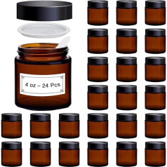 Galssmagic Bernsteinfarbene Gläser mit Deckel, 118 ml, 24 Stück, 118 ml, kleine Gläser mit Inneneinlagen und schwarzen Deckeln, Reisedosen für Kosmetikbehälter, Cremelotion, Körperpeeling,