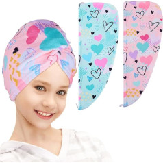 FIOBEE Mikrošķiedras matu dvieļi bērniem Ātri sauss absorbējošs matu turbāns mitriem matiem ar pogu sievietēm, meitenēm, gariem cirtainiem matiem 2 Pack Love
