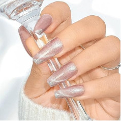 Sethexy Rozā kaķa acs Press-On nagi Long balerīna roku darbs Glitter krāsu gradients False nagi Shiny Acrylic Simple False Nails Salona kvalitāte sievietēm un meitenēm 20 gabali (B)