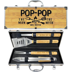 Pop Pop dāvanas no mazbērniem, Poppop Christmas Heavy Duty Wooden BBQ Grillzubehör Kit für Hinterhof, dicke Edelstahl-Grillutensilien mit rutschfestem Griff, Werkzeuge in tragbarer Tasche, Vatertag