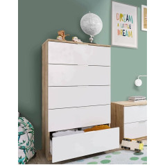 Dmora - Mesquite kumode ar 5 atvilktnēm, guļamistabas kumode, moderna kumode, 60 x 40 x 110 cm, ozols un balta krāsa