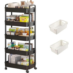 Maxearn Virtuves ratiņi ar 5 līmeņiem, 132 x 41 x 30 cm ratiņi ar 360° riteņiem, daudzfunkcionāls virtuves plaukts ar 2 sānu groziem + 4 āķiem, nišas plaukts, servēšanas ratiņi, melns glabāšanas plaukts