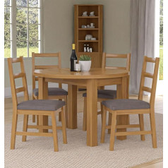 Hallowood Furniture Waverly mazs apaļš ozolkoka pusdienu galds ar 4 kāpņu atzveltnes krēsliem, pelēkiem auduma sēdekļiem, kas ideāli piemērots mājām, kafejnīcām un restorāniem