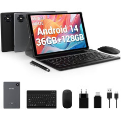 FASTWD Android 14 planšetdators 10 collas, 36 GB RAM + 128 GB ROM, planšetdators 5G WiFi 4G LTE, 8MP + 13MP, FHD1920 x 1200 collu, 8000 mAh, FaceID, planšetdators ar tastatūru, peli, maku, maketu, pildspalvu, pelēks