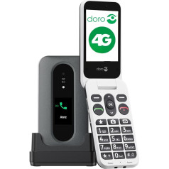 Doro - Leva L30 - Mobilais tālrunis vecākiem cilvēkiem - 4G saliekamais mobilais tālrunis bez līguma - Ārējais displejs - HD audio kvalitāte - Kamera - Avārijas poga ar GPS - Komplektā ar uzlādes staciju - Melns/balts