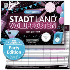 DENKRIESEN - Stadt Land VOLLPFOSTEN® - Party Edition - 'Jetzt geht's rund.' - DIN A4 formāta spēļu blociņš | no 12 gadiem | 50 lapas | Svētku spēle | Dāvana | Lieldienu dāvana | Jautri ieprogrammēta spēle
