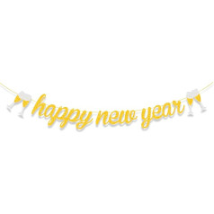 Happy New Year Wimpelkette, Glitzer 2025 Neujahr Dekoration Banner, Gold Weinbecher Muster Banner, Silvester Party, Weihnachtsdekoration, Home Office, Kamin, Indoor, Outdoor Holiday Supplies