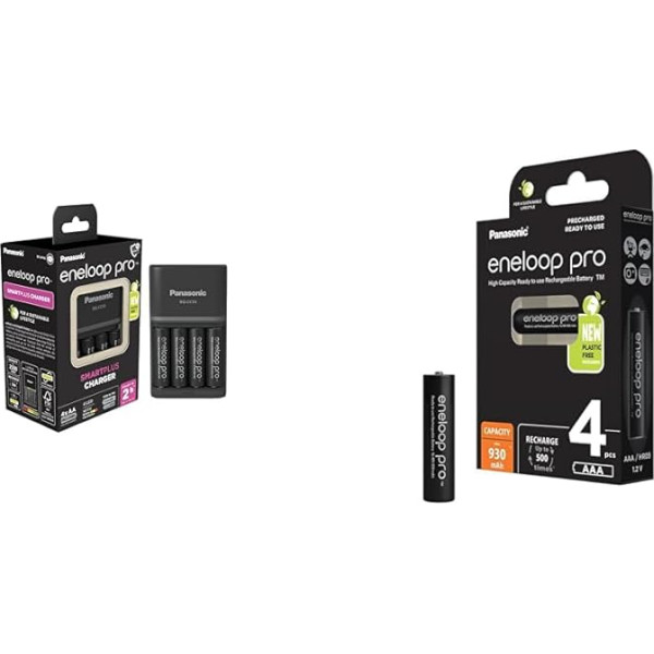 Panasonic eneloop SmartPlus lādētājs 1-4 AA/AAA NI-MH akumulatoriem un Panasonic eneloop Pro, lietošanai gatavs NI-MH akumulators, AAA/Micro, 4 gab. iepakojumā