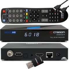 OCTAGON SFX6018 S2+IP H.265 HEVC 1x DVB-S2 HD E2 Linux Smart uztvērējs, satelīta uztvērējs ar ierakstīšanas funkciju, karšu lasītājs, YouTube, Web Radio, 300 Mbit WLAN Stick + EasyMouse HDMI kabelis, melns