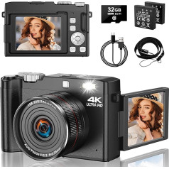 YiFuar 4K digitālā kamera 64MP Vlogošanas kamera ar 2,8 collu 180 grādu flipekrānu, 18x tālummaiņas kamera fotografēšanai ar automātisko fokusu un 32 GB karti un 2 baterijām pusaudžiem studentiem bērniem zēniem meitenēm