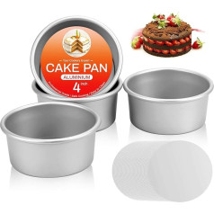 OAMCEG 4 iepakojuma apaļas kūku pannas ar vaļēju pamatni 10 cm nesadalītās cepšanas pannas ar 50 pergamenta papīra dziļām alumīnija kūku pannām ar noņemamu pamatni kāzu dzimšanas dienas kūku cepšanai