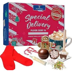 Hot Chocolate Gift Set with Mug, Christmas Box and Filled Christmas Basket for Kids, Hot Chocolate Stirrers, Hot Chocolate Wafers, Hot Chocolate Bombs