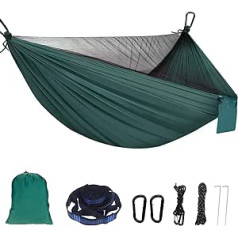 Hammock with Mosquito Net, Sendowtek Hammock Outdoor with Tree Straps, D-shaped Carabiner, Elastic Rope Loop, Ultralight Portable Travel Hammock for Camping, Outdoor, Garden (Army Green)