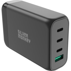 Silver Monkey Сетевое зарядное устройство GaN 130 Вт с кабелем питания 3xUSB-C PD USB-A QC 3.0 черный