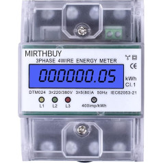 MIRTHBUY Digitālais elektrības skaitītājs ar LCD displeju, 3 fāžu 4 vadu, kalibrēts elektrības skaitītājs, maiņstrāvas skaitītājs, trīs strāvas mērītājs DIN sliedēm, starpposma skaitītājs, kalibrēts 230/400V, 5-80A