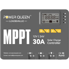 Power Queen 12/24V 30A MPPT saules uzlādes kontrolieris, maksimālā ieejas jauda 900 W, iebūvēts Bluetooth modulis, LCD displejs, standarta LiFePO4 akumulatoriem un saderīgs ar hermētiskiem svina skābes akumulatoriem