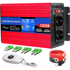 ETREPOW 1000 W invertors 12 V 230 V tīras sinusoīdas viļņu sprieguma pārveidotājs ar 2 ES rozetēm un 2,1 A USB, bezvadu tālvadības pulti, LCD ekrānu un 2 ventilatoriem Maksimālā jauda 2000 W Automašīnas pārveidotājs