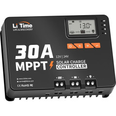 LiTime 30 A MPPT 12 V/24 V līdzstrāvas autobuss Maks. 900 W ieejas saules bateriju uzlādes kontrolieris ar Bluetooth adapteri, regulējams LCD displejs, LED indikatori, saules paneļu kontrolieris, litija akumulatoriem.