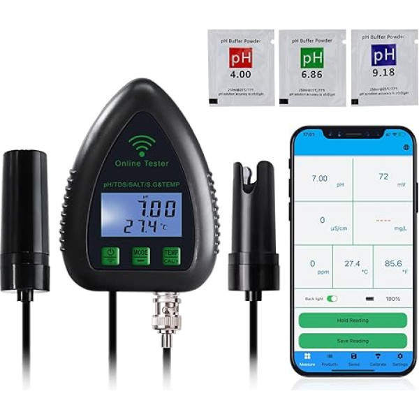 5 in 1 pH TDS SG Temp Sāļuma testeris Datu reģistrēšana Ūdens kvalitātes testeris akvārijam, akvakultūras dīķim utt. Inteliģentā attālinātā uzraudzība