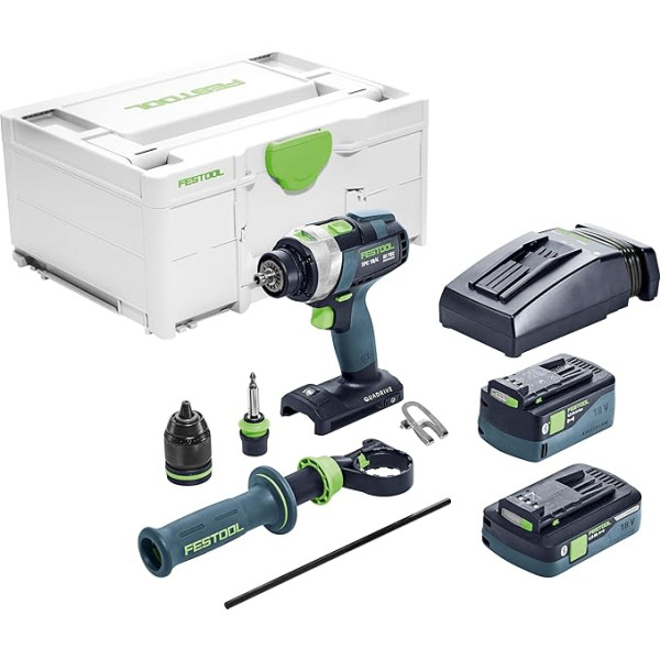 Festool akumulatora triecienurbjmašīna TPC 18/4 5.2/4.0 I-Plus QUADRIVE (ar akumulatoru, ātro lādētāju, instrumentu turētāju, magnētisko bitu turētāju, bezatslēgas urbjmašīnas turētāju, papildu rokturi, bitu PZ 2), komplektā Systainer