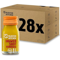 Kloster Kitchen Organic Ginger Shot Turmeric 1SHOT 28 x 30 ml ar īsta ingvera gabaliņiem I Ingvera šots ar kurkumu Vegāns pudelē I Salds-skābs bez piedevām un ar dabisku saldumu