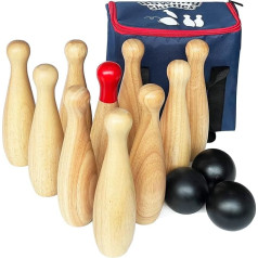 Wooden Skittles Game with Turf Bowling and Skittles - Hardwood - 10 Pins & 3 Balls - Comes in a Carry Bag - 23cm Tall - Natural