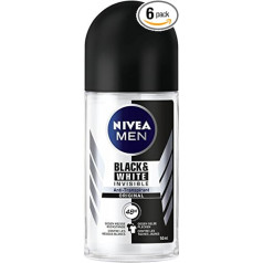 Nivea Men Invisible for Black & White Roll-On dezodorants 6 gabaliņu iepakojumā (6 x 50 ml), antiperspirants ar rullīti novērš dezodoranta traipus uz apģērba, dezodorants ar 48 stundu aizsardzību