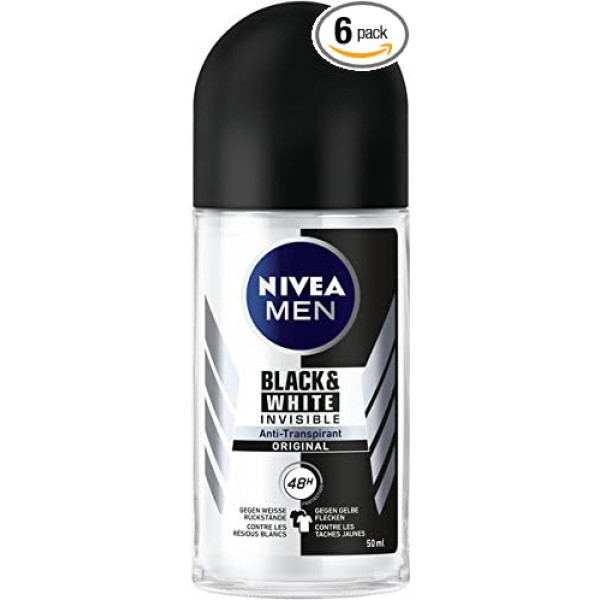 Nivea Men Invisible for Black & White Roll-On dezodorants 6 gabaliņu iepakojumā (6 x 50 ml), antiperspirants ar rullīti novērš dezodoranta traipus uz apģērba, dezodorants ar 48 stundu aizsardzību