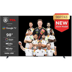 TCL 98P743 98 collu 4K televizors, WCG, UHD, HDR PRO, 144 Hz, Motion Clarity PRO, Dolby Vision IQ. Dolby Atmos, AIPQ, Game Master Pro 2.0, Smart TV ar Google TV atbalstu, saderīgs ar Alexa.