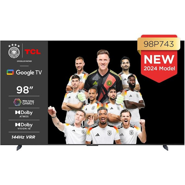 TCL 98P743 98 collu 4K televizors, WCG, UHD, HDR PRO, 144 Hz, Motion Clarity PRO, Dolby Vision IQ. Dolby Atmos, AIPQ, Game Master Pro 2.0, Smart TV ar Google TV atbalstu, saderīgs ar Alexa.