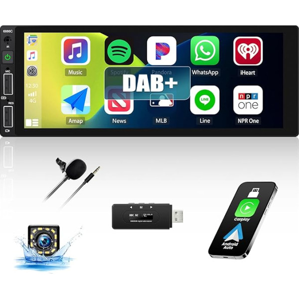 DAB/DAB+ auto radio 1 DIN ar Carplay Android Car, 6,86 collu skārienjūtīgā ekrāna multivides uztvērējs ar Mirror Link Bluetooth FM radio USB/EQ stūres vadības ierīci + atpakaļgaitas kamera + mikrofons