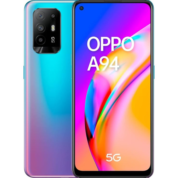 OPPO A94 5G viedtālrunis, 48 MP četrkameru kamera ar Ultra Night Video, 6,43 collu FHD+ AMOLED displejs, 4310 mAh akumulators ar 30 W VOOC 4.0 ātro uzlādi, 128 GB atmiņa, 8 GB RAM, ColorOS 11.1, Cosmo Blue