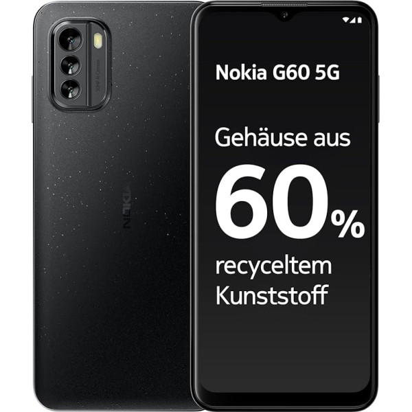 Nokia G60 5G viedtālrunis, 6,58 collu HD+ 120 Hz displejs, 6 GB RAM un 128 GB atmiņas, Android 12, 50 MP mākslīgā intelekta kamera, izgatavots no 60 % pārstrādātas plastmasas, akumulatora darbības laiks 2 dienas - melns