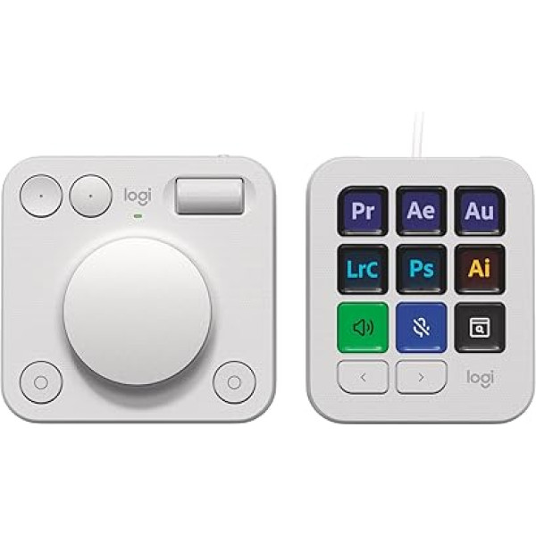 Logitech MX Creative Console, programmējama tastatūra ar 9 pielāgojamām LCD pogām un vadības elementiem grafiskajam dizainam, video rediģēšanai, fotografēšanai, lietošanai ar Adobe, Zoom, Spotify un citām ierīcēm - gaiši pelēka krāsa