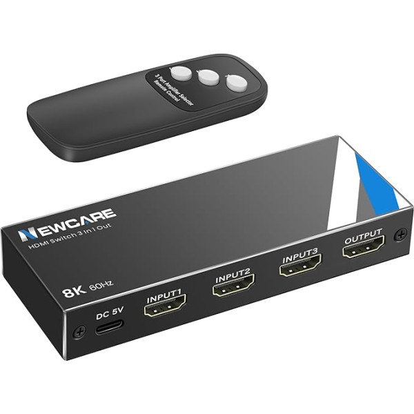 NEWCARE HDMI 2.1 slēdzis 3 in 1 Out, 8K @ 60Hz HDMI slēdzis ar tālvadības pulti, 4K @ 120Hz HDMI sadalītājs 3 in 1 Out Atbalsta 48Gbps, Dolby Atmos, HDR 10+. Automātisks HDMI komutators PS5/4 Blu-Ray atskaņotājam