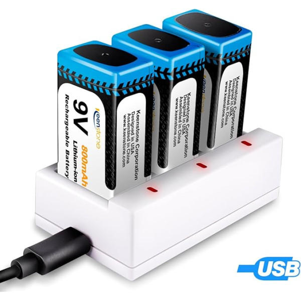 Keenstone 9 V bloka baterijas, 3 PP3 Li-Ion 800 mAh uzlādējamu bateriju komplekts ar 3 slotu lādētāju, USB uzlādes kabelis tastatūrai, mikrofonam, dūmu detektoram